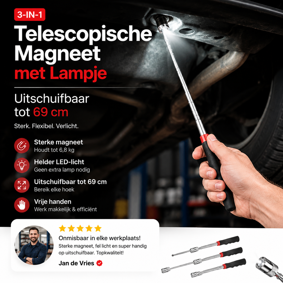 🎉50% KORTING🔧Telescopische Magneet met Lampje | Uitschuifbaar tot 69 cm