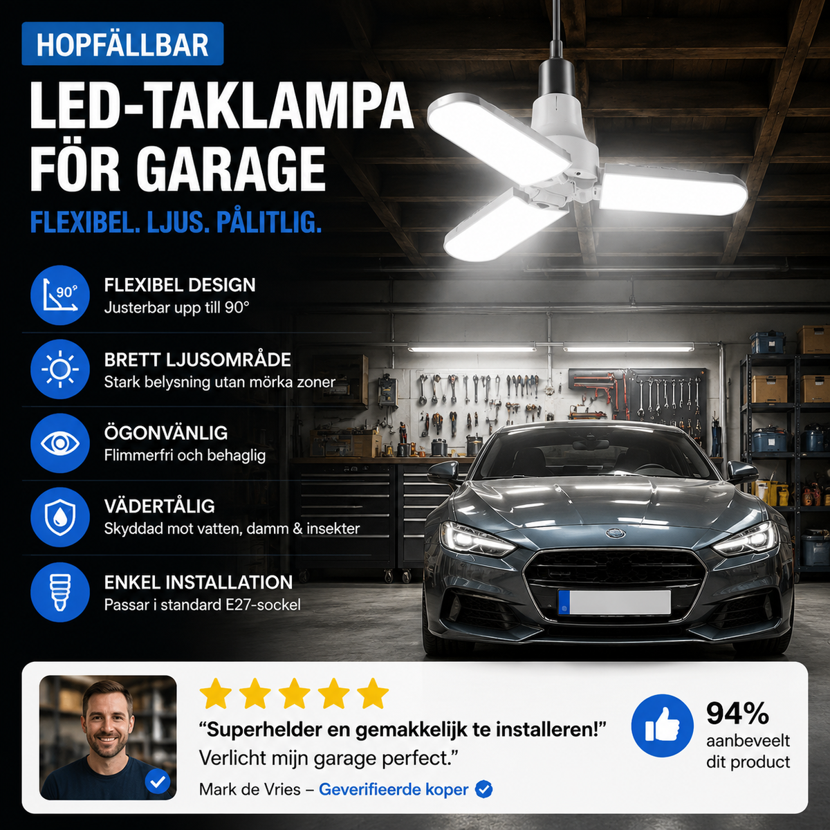 Opvouwbare LED-plafondlamp voor de garage