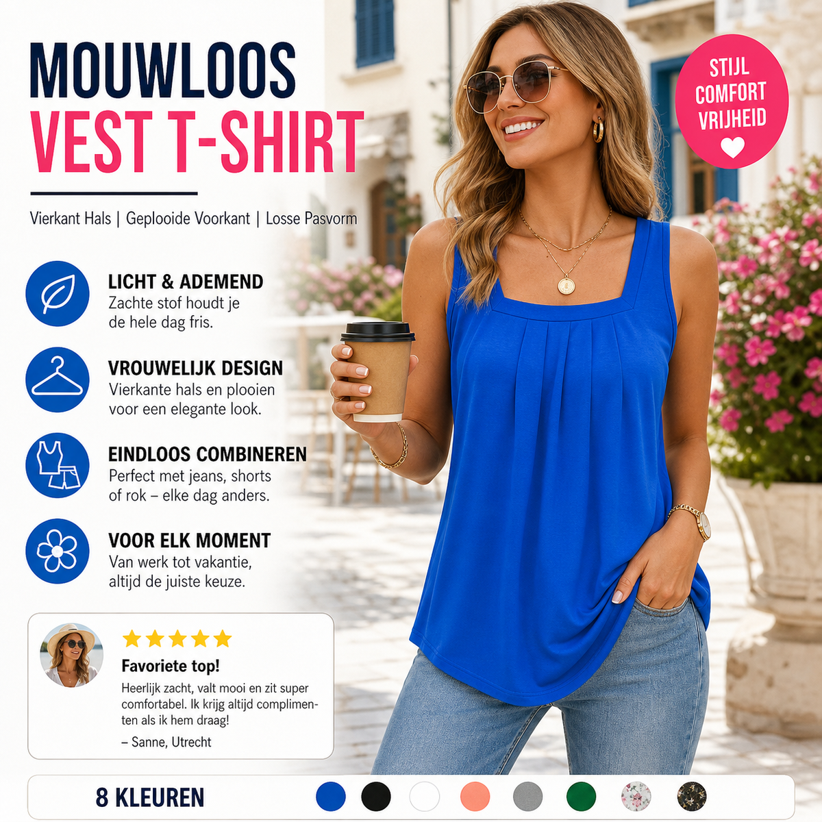 👕✨ Mouwloos T-shirt met vierkante hals voor dames – Geplooide voorkant, soepele pasvorm, veelzijdige stijl 🌸