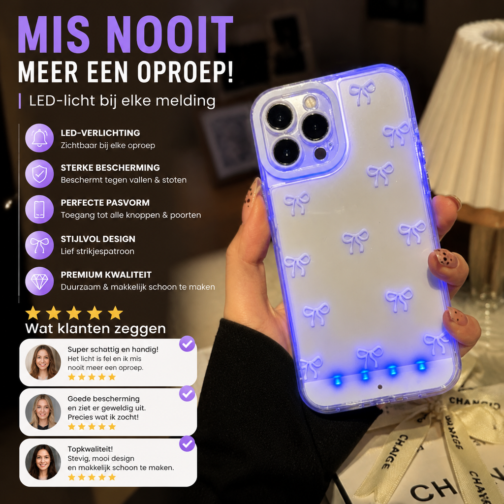 Stop met het missen van oproepen in je tas! Dit LED-hoesje licht op als een vuurtoren bij elke melding, beschermt je telefoon tegen vallen, en ziet er nog stylish uit ook!