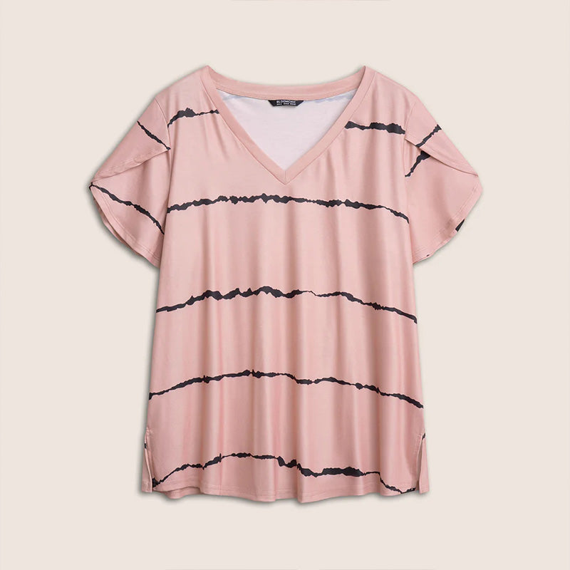 🔥🌷Laatste dag actie: 49% korting - 👕Gestreept T-shirt met korte mouwen en V-hals in grote maten voor dames