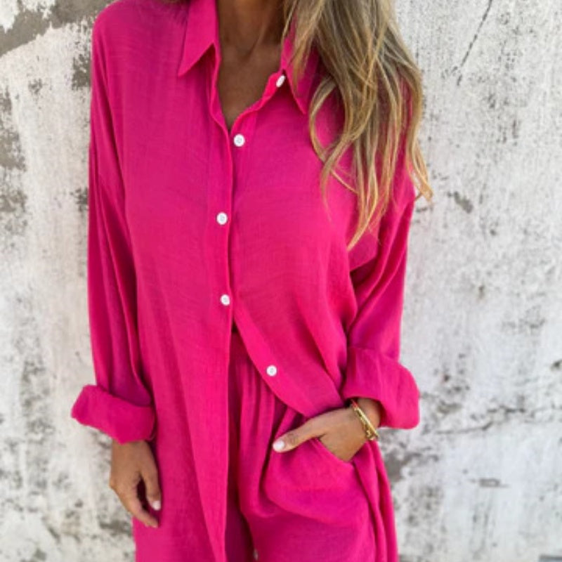 🔥2026 Vrouwen Fashion Street Casual Effen Shirt Lange Mouwen Set