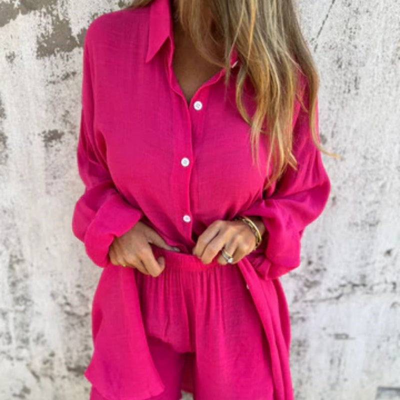 🔥2026 Vrouwen Fashion Street Casual Effen Shirt Lange Mouwen Set