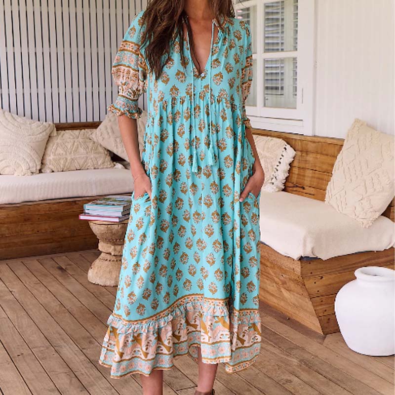 🟌Lenteaanbieding: 50 % korting👗Boho-jurk met bloemenprint, V-hals, hoge taille en A-lijn silhouet