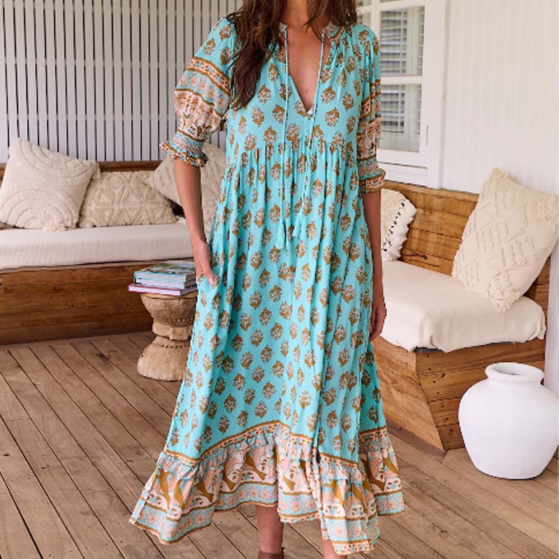 🟌Lenteaanbieding: 50 % korting👗Boho-jurk met bloemenprint, V-hals, hoge taille en A-lijn silhouet