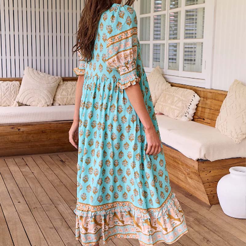 🟌Lenteaanbieding: 50 % korting👗Boho-jurk met bloemenprint, V-hals, hoge taille en A-lijn silhouet