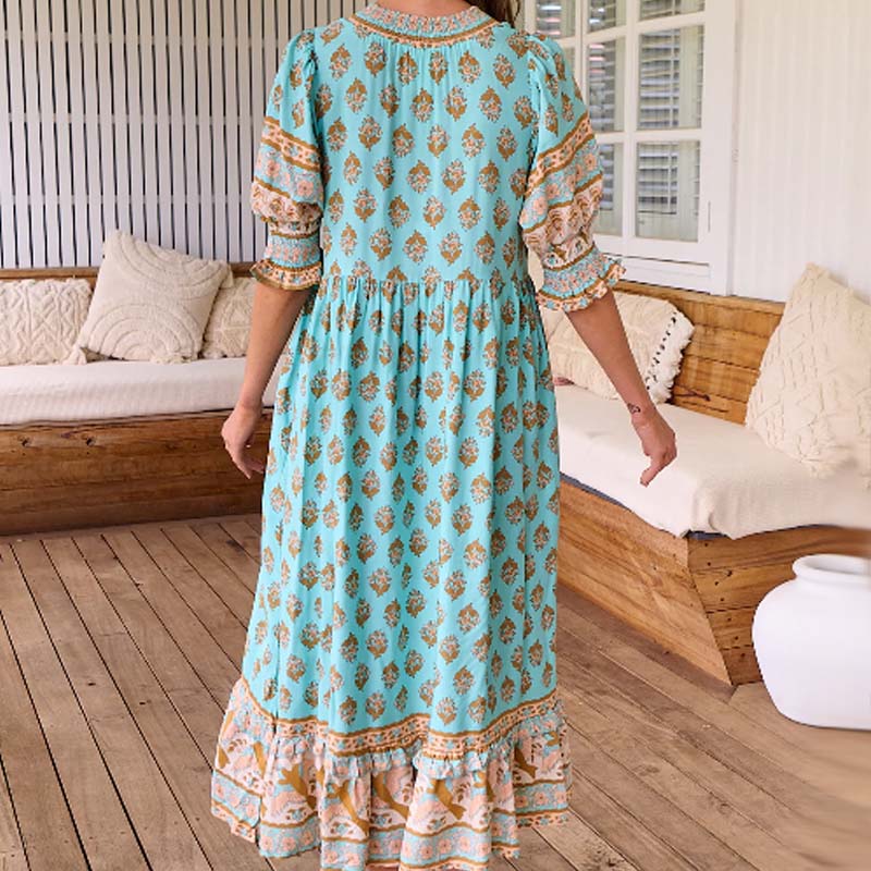 🟌Lenteaanbieding: 50 % korting👗Boho-jurk met bloemenprint, V-hals, hoge taille en A-lijn silhouet