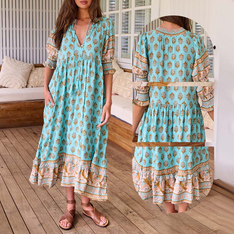 🟌Lenteaanbieding: 50 % korting👗Boho-jurk met bloemenprint, V-hals, hoge taille en A-lijn silhouet