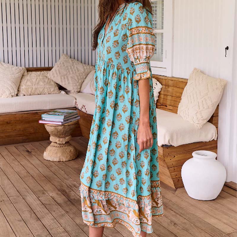 🟌Lenteaanbieding: 50 % korting👗Boho-jurk met bloemenprint, V-hals, hoge taille en A-lijn silhouet