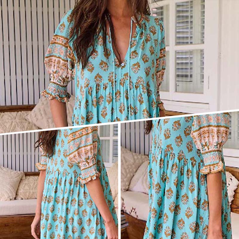 🟌Lenteaanbieding: 50 % korting👗Boho-jurk met bloemenprint, V-hals, hoge taille en A-lijn silhouet