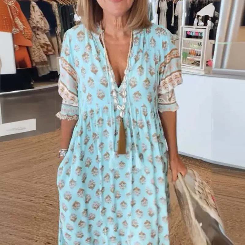 🟌Lenteaanbieding: 50 % korting👗Boho-jurk met bloemenprint, V-hals, hoge taille en A-lijn silhouet