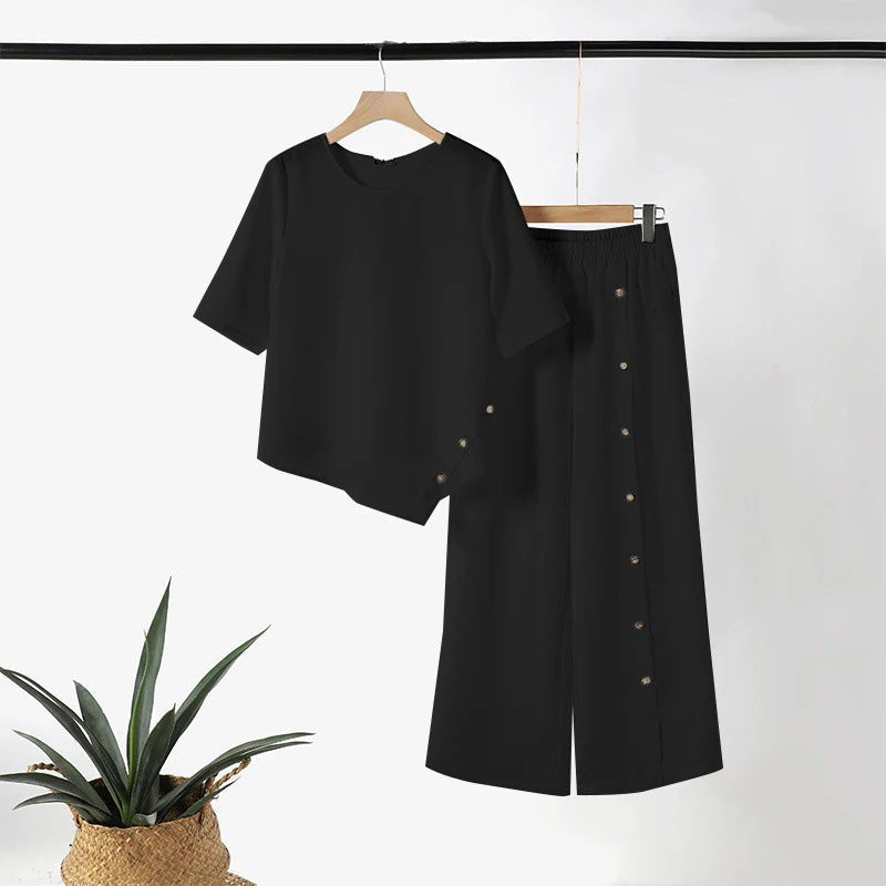 🎁2026 Nieuw binnen 50% KORTING💥👚👖 Vrouwenset met onregelmatige zoom, top en broek met wijde pijpen