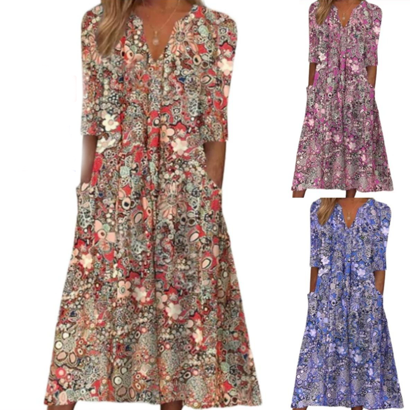Casual damesjurk met bloemenprint, V-hals en losse pasvorm