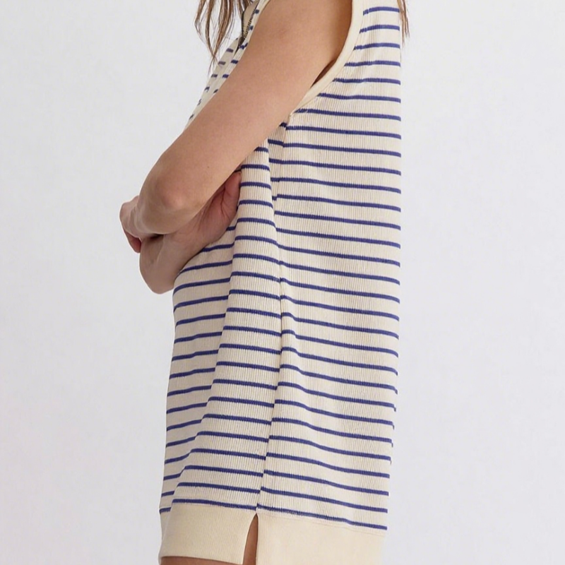 🛍️Laatste dag van de uitverkoop: 50% KORTING💃Casual gestreepte gebreide jurk met ritssluiting bij de hals en kapmouwtjes