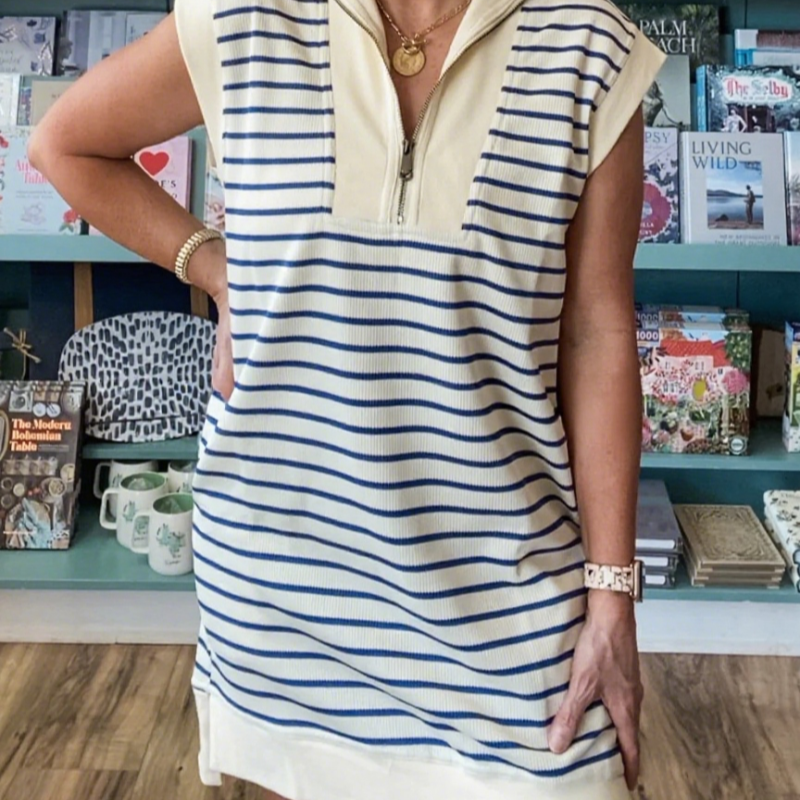 🛍️Laatste dag van de uitverkoop: 50% KORTING💃Casual gestreepte gebreide jurk met ritssluiting bij de hals en kapmouwtjes