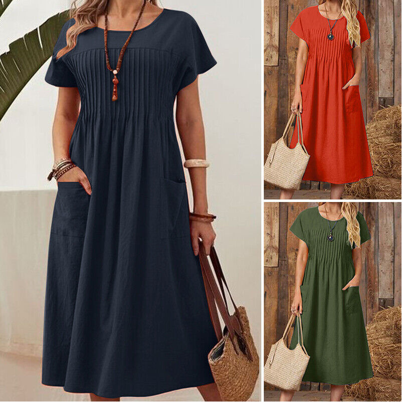 🎁2026 Nieuw binnen 50% KORTING💥👗Dames geplooide jurk met korte mouwen en zakken💃