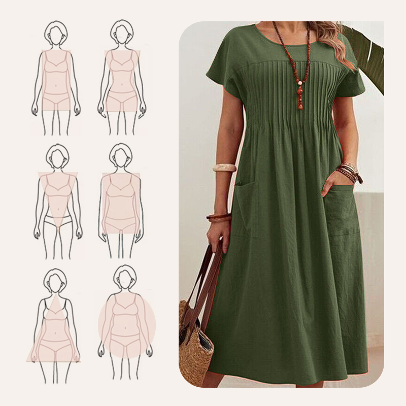 🎁2026 Nieuw binnen 50% KORTING💥👗Dames geplooide jurk met korte mouwen en zakken💃