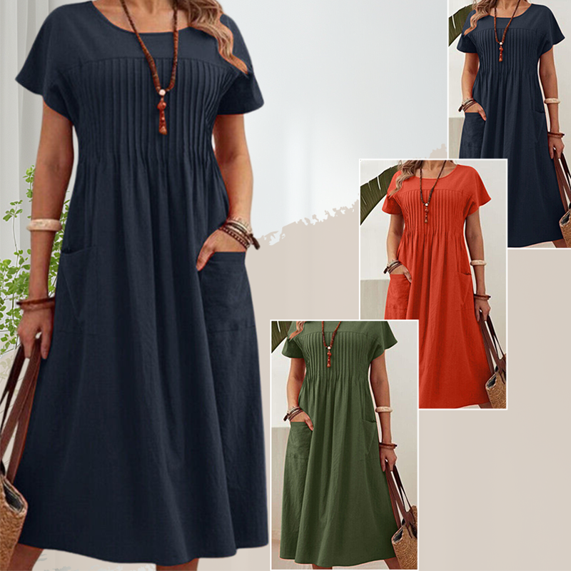 🎁2026 Nieuw binnen 50% KORTING💥👗Dames geplooide jurk met korte mouwen en zakken💃