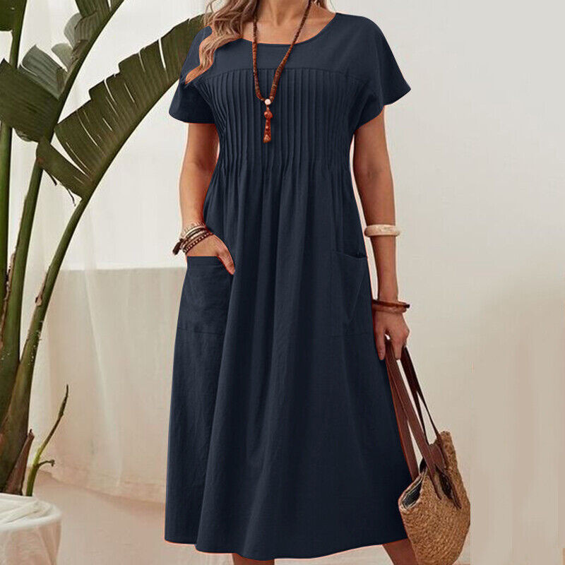 🎁2026 Nieuw binnen 50% KORTING💥👗Dames geplooide jurk met korte mouwen en zakken💃