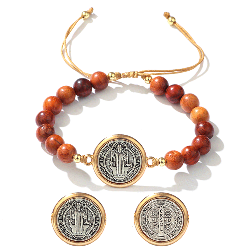 🛡️Een metgezel voor de beschermer✨Natuurlijke houten kralen Sint-Benedictusarmband🎁Verstelbaar, geschikt voor zowel mannen als vrouwen
