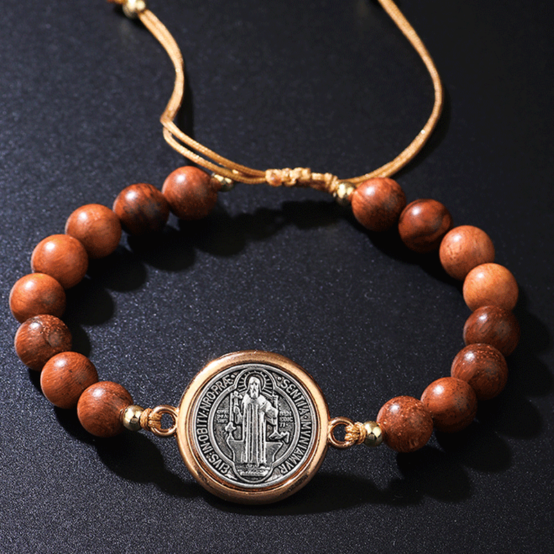 🛡️Een metgezel voor de beschermer✨Natuurlijke houten kralen Sint-Benedictusarmband🎁Verstelbaar, geschikt voor zowel mannen als vrouwen