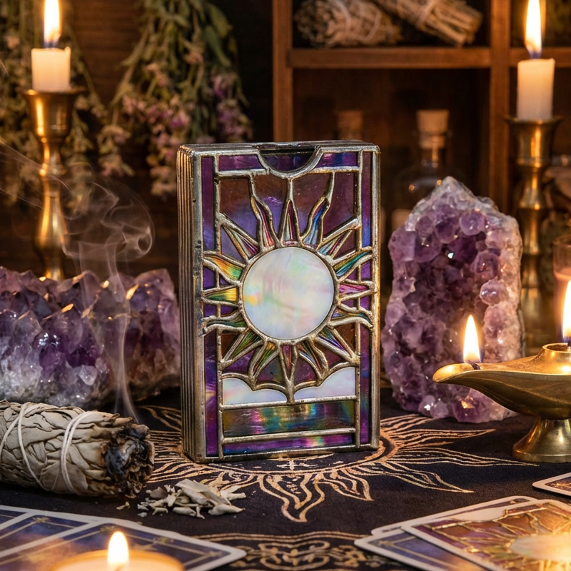 🔮✨Mystieke iriserende tarotkaartendoos – Handgemaakte doos van gekleurd glas met glinsterende regenboogafwerking en een speciaal kijkvenster! 🌈🔮