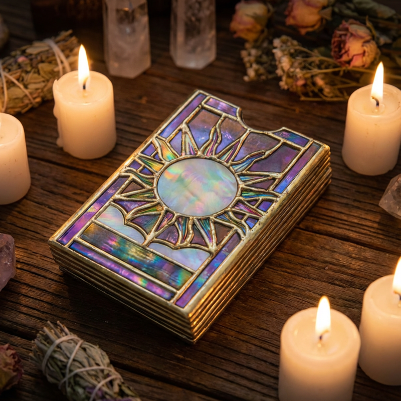 🔮✨Mystieke iriserende tarotkaartendoos – Handgemaakte doos van gekleurd glas met glinsterende regenboogafwerking en een speciaal kijkvenster! 🌈🔮