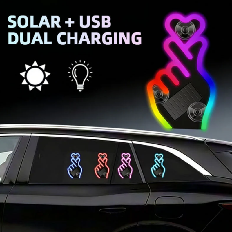 🚗💡 Laat je auto liefde uitstralen💖 Nieuwjaarsactie: Zonne-energie LED Autolamp – Vingerhart Design -50%