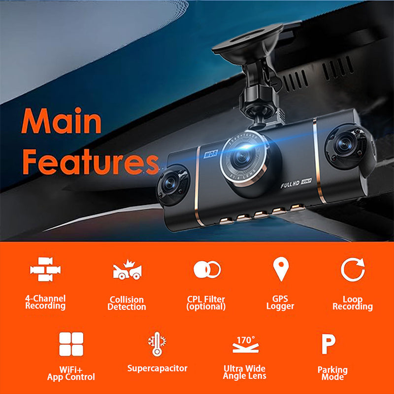 🎁2026 Nieuw binnen 50% KORTING💥4-kanaals HD dashcam met opnames van voor, interieur en achter