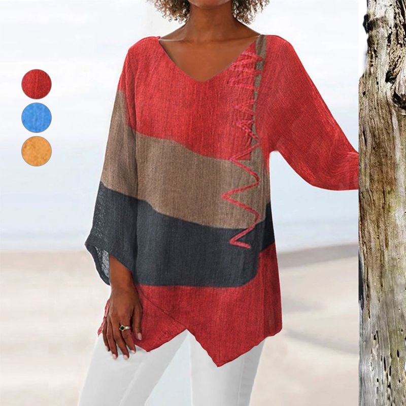💕50% ZomerkortingElegante casual damesblouse met V-hals, lange mouwen en artistiek patroonprint
