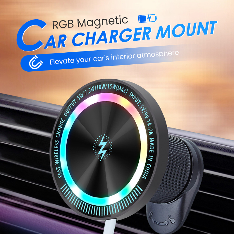 💘Valentijnsaanbieding: 50% Korting!🚗RGB Magnetische Draadloze Autoladerhouder – 15W Snel Laden & 360° Rotatie