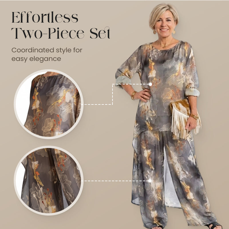 ✨50% KORTING🌸 Dames Bloemen Asymmetrische Tuniek & Wijde Pijpen Broek Set