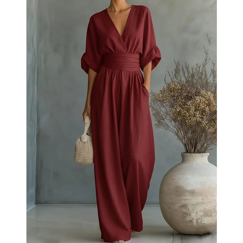 🎁2026 Nieuw binnen 50% KORTING💥Elegante jumpsuit met V-hals en wijde pijpen