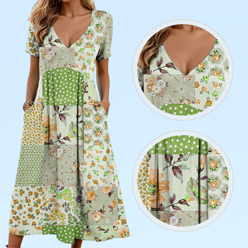 🔥Tijdelijke speciale aanbieding Dames V-hals Bloem Jurk | Losse Pasvorm Kwalitatieve Mengstof 🧚