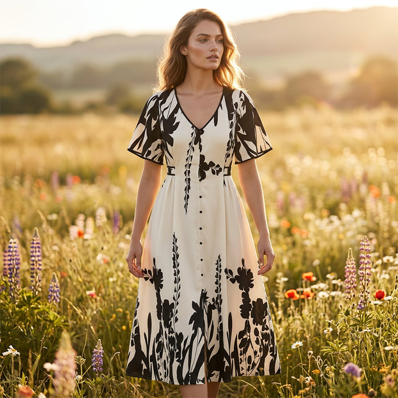 👗 Zachte Midi Jurk met Botanische Print en V-Hals | Licht, Elegant & Makkelijk te Dragen – Nu 58% Korting