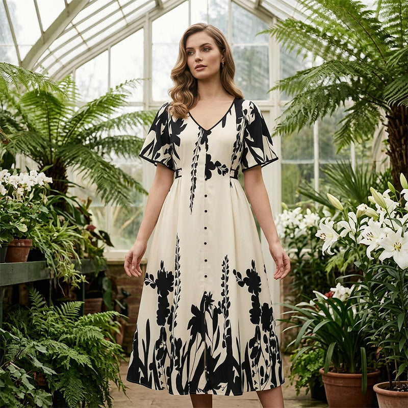 👗 Zachte Midi Jurk met Botanische Print en V-Hals | Licht, Elegant & Makkelijk te Dragen – Nu 58% Korting