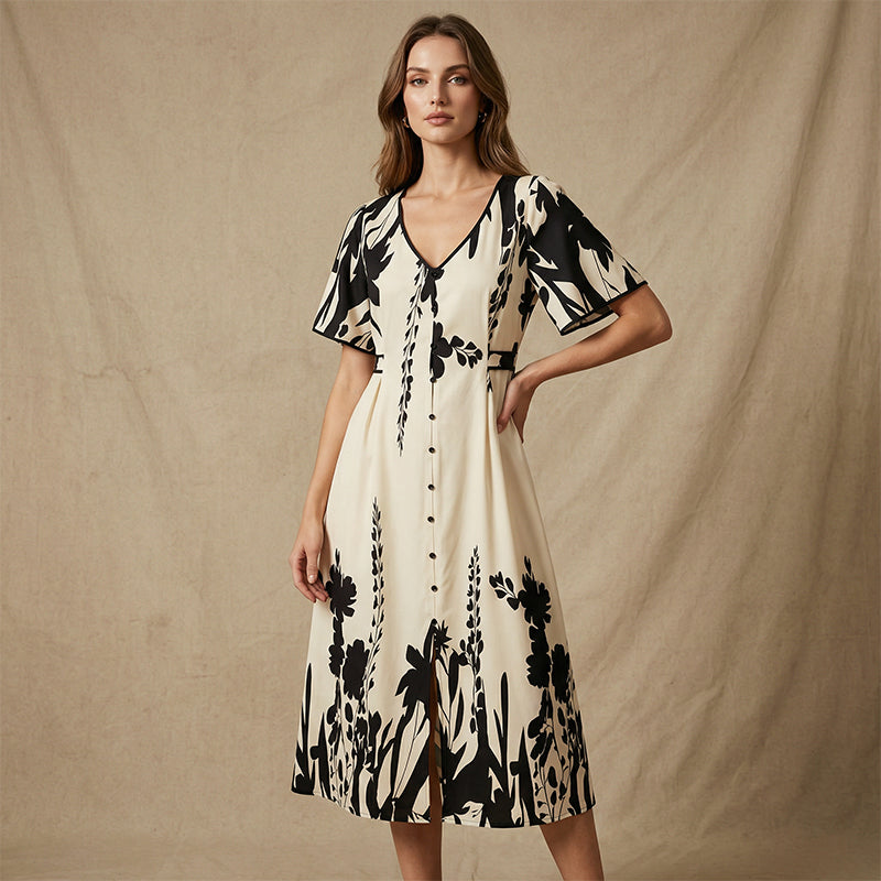 👗 Zachte Midi Jurk met Botanische Print en V-Hals | Licht, Elegant & Makkelijk te Dragen – Nu 58% Korting