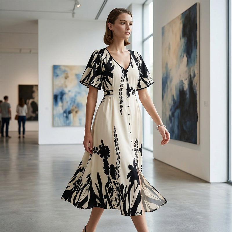 👗 Zachte Midi Jurk met Botanische Print en V-Hals | Licht, Elegant & Makkelijk te Dragen – Nu 58% Korting