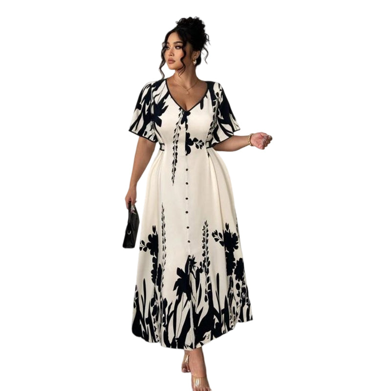 👗 Zachte Midi Jurk met Botanische Print en V-Hals | Licht, Elegant & Makkelijk te Dragen – Nu 58% Korting
