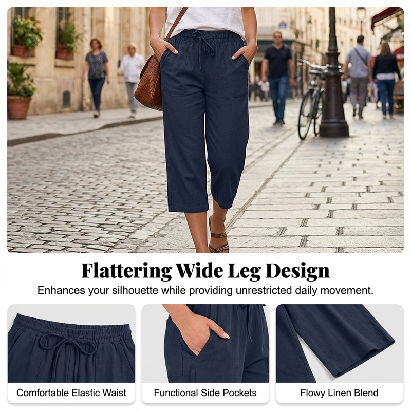👖 LIMITED TIME 50% OFF! 🌿 Women's Cotton-Linen Blend Cropped Pants – Wide Leg, Elastic Waist, Pockets 🌱