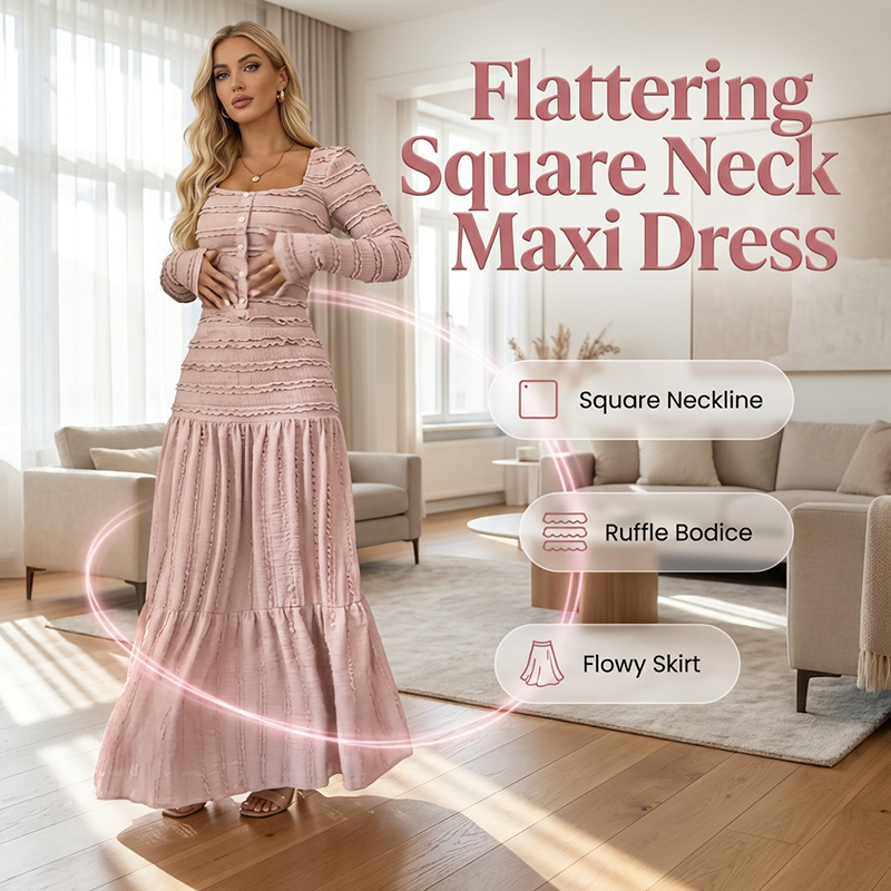 🔥 50% Korting – Flatterende Maxi-Jurk met Vierkante Hals | Accentueert je Taille & Laat je Langer Lijken