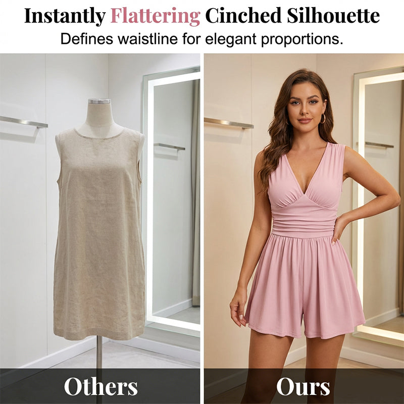 👗Women's Sleeveless V-Neck Ruched Waist Romper