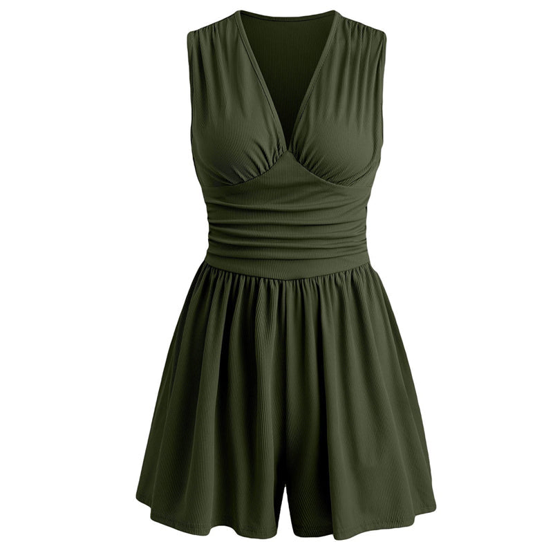 👗Women's Sleeveless V-Neck Ruched Waist Romper