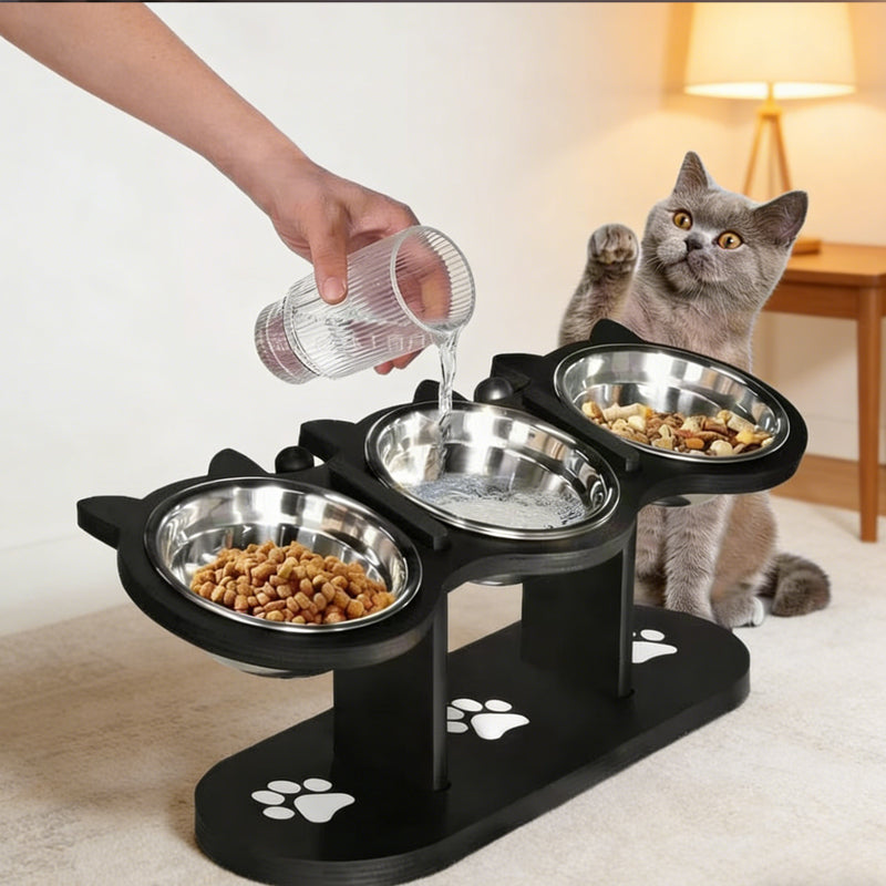 🟔🎁Nieuws: 50% KORTING🟔Verhoogde voerbak voor honden en katten met 3 bakjes – antislip en stabiel 🐾🥣