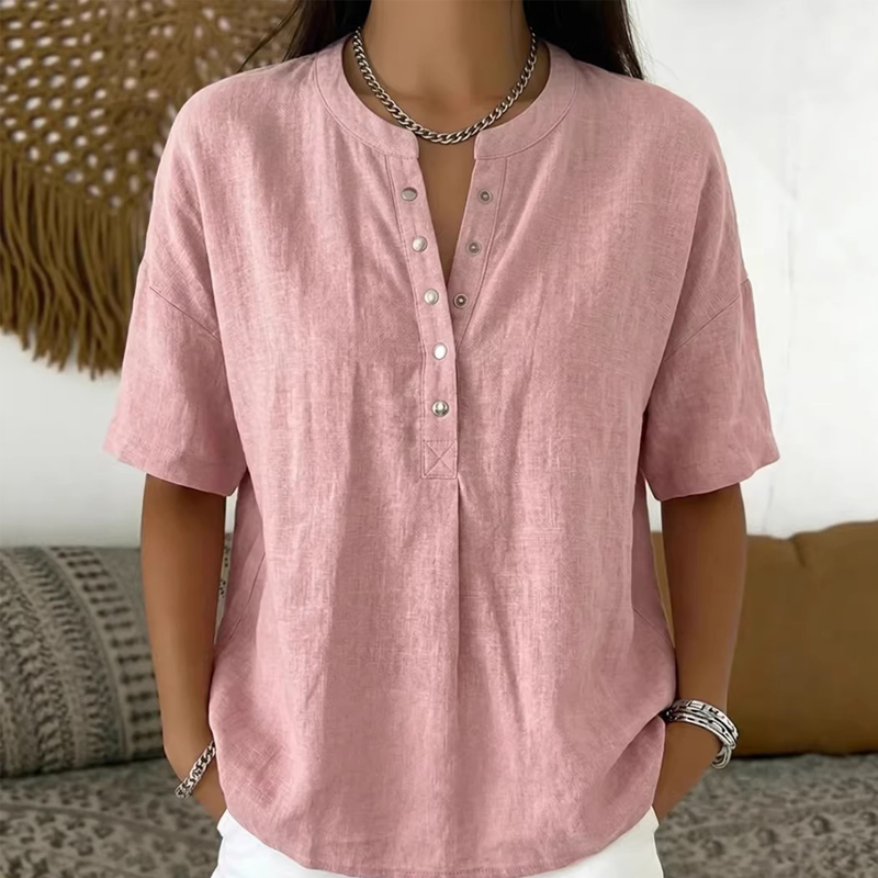 🎁2026 Nieuw binnen 50% KORTING💥Dames Casual Losvallende Effen Top – Henley-knoping, Katoen- en Linnenmix
