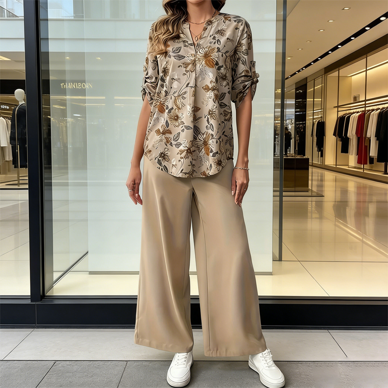 🥳UITVERKOOP 2026🥳💞Meer dan 50.000 ✨Tweedelige set voor dames: bloemenblouse en broek met wijde pijpen