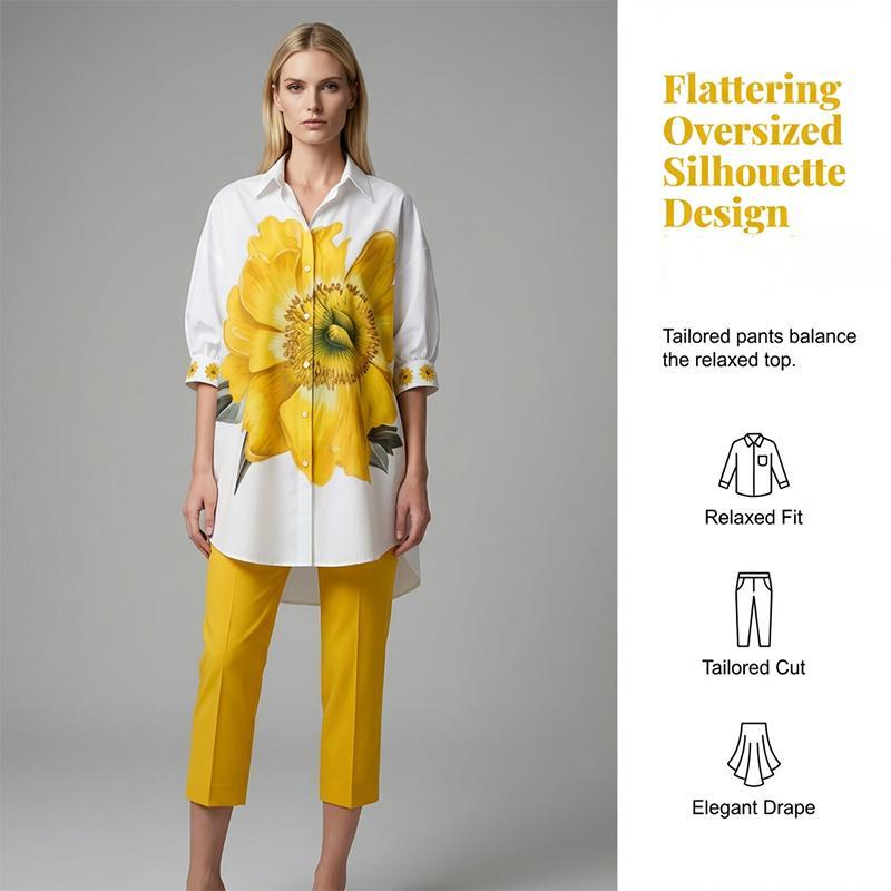 🎁2026 Nieuw binnen 50% KORTING💥Tweedelige set met bloemenprint voor dames | Chique oversized top + cropped broek, helemaal klaar voor een vakantie! 🌸✨