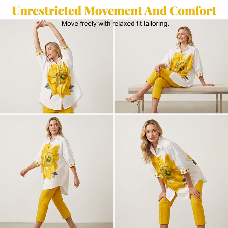 🎁2026 Nieuw binnen 50% KORTING💥Tweedelige set met bloemenprint voor dames | Chique oversized top + cropped broek, helemaal klaar voor een vakantie! 🌸✨