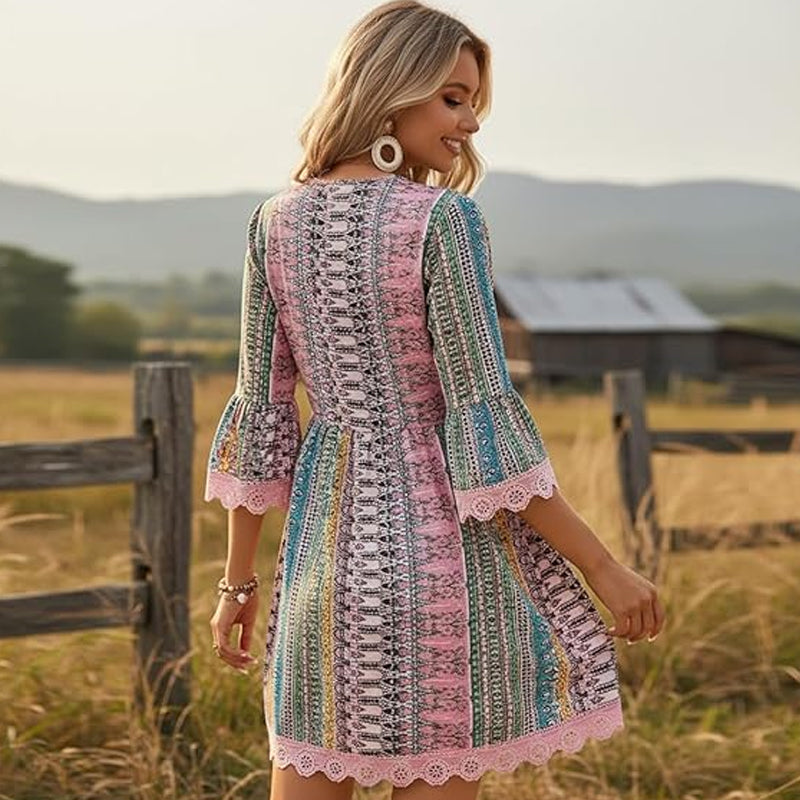 📢📢50% KORTING !! ⏰De Bohemian-jurk met kanten rand: V-hals, lange mouwen, all-over print