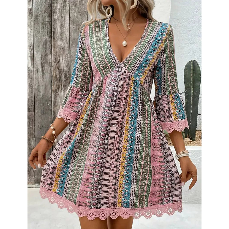 📢📢50% KORTING !! ⏰De Bohemian-jurk met kanten rand: V-hals, lange mouwen, all-over print
